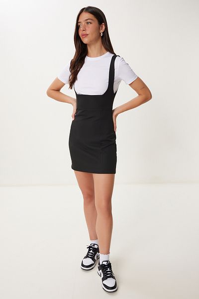 Happiness İstanbul Women's Black and White T-Shirt Detail Contrast Color Mini Woven Dress Mx00225