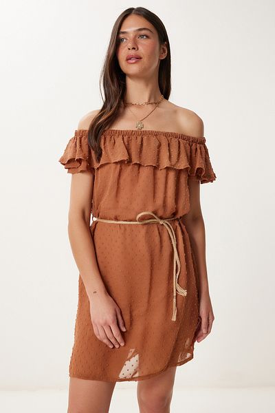 Happiness İstanbul Women Tile Carmen Collar Polka Dot Textured Chiffon Dress Tp00072