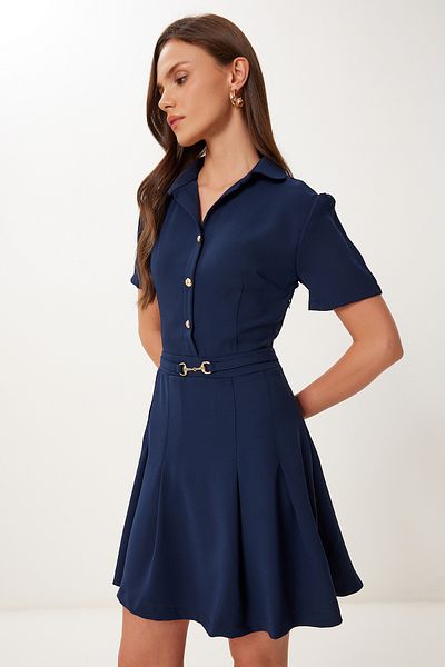 Happiness İstanbul Women's Navy Blue Gold Button Mini Woven Dress Vw00005