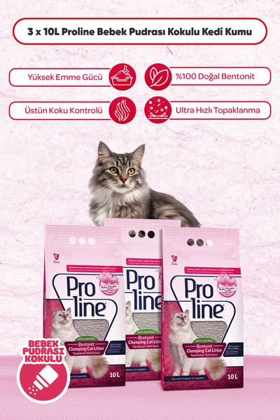 Pro Line 3 Adet - Proline Bebek Pudralı Topaklanan Bentonit Kedi Kumu 10 Lt