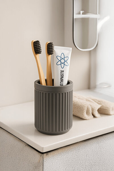 Sas Haus Lines Serisi Gri Banyo Seti, 5 Parça Oval Akrilik 4 Litre Çöp Kovası, Sabunluk, Fırçalık Takımı