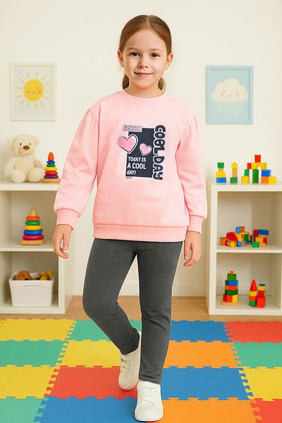 TRENDYOLKIDS Pink Girl Printed Crew Neck Cotton Knitted Bottom-Top Suit Tkdaw25Au00063