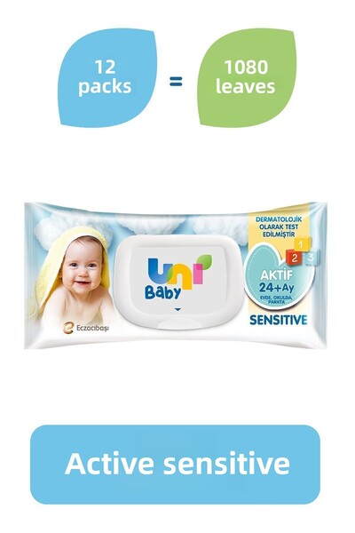 Uni Baby مناديل مبللة نشطة حساسة 90 قطعة × 12 قطعة