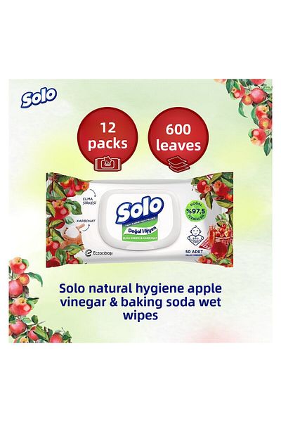Solo Natural Hygiene - Set of 12 600 Sheets of Apple Cider Vinegar and Carbonate Wet Wipes
