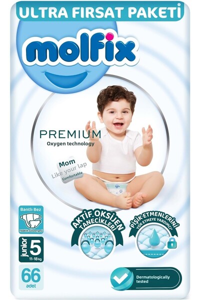 Molfix Premium Baby Diapers - Size 5 (11-18kg) Junior 132 Pieces - Economic Ultra Opportunity Pk