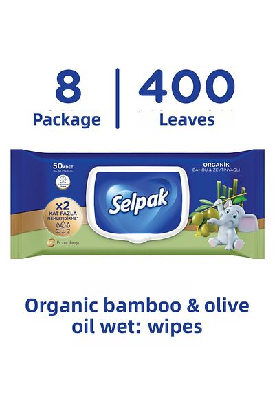 Selpak ® Organic Bamboo and Olive Oil Wet Wipes - 8 Pack 400 Sheets