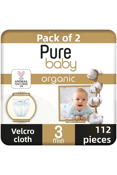 Pure Baby قماش فيلكرو من القطن العضوي 2 عبوة مقاس 3 متوسط 112 قطعة