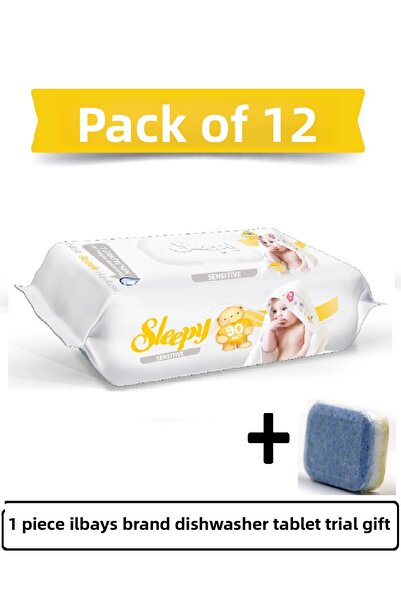 Sleepy منشفة مبللة حساسة 12x90 12 عبوة 1080 ورقة + أقراص 1 قطعة غسالة أطباق