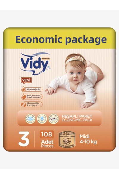 Vidy مقاس 3 حفاضات أطفال متوسطة الحجم بريميوم 108 قطعة 54x2 عبوة اقتصادية/4-10 كجم/ مقاومة للتسرب ومضادة للحساسية