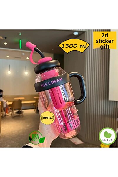 Duffa كوب كبير لمشروب الحليب للتخلص من السموم وزجاجة مياه رياضية مع مصاصة 1300 مللي خالية من مادة BPA زجاجة مياه للتخلص من السموم