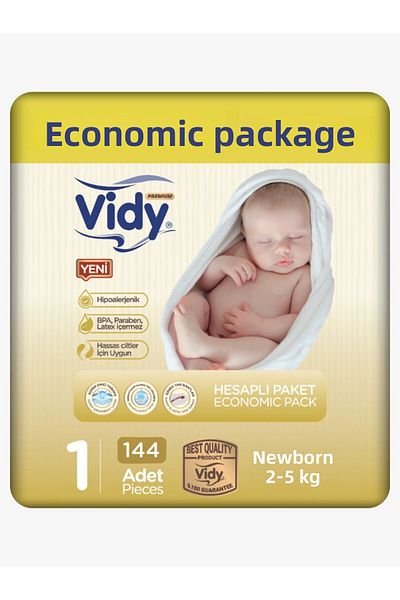 Vidy Number 1 Baby Diapers Newborn Premium 144 Pieces 72x2 Pack/2-5 Kg/leakproof Absorbent Hypoallergenic