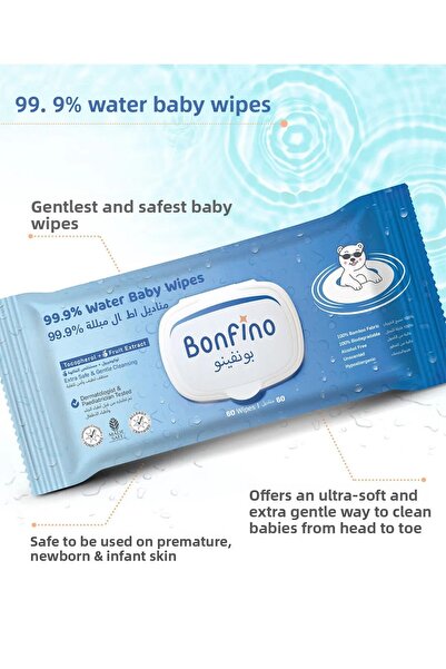 Bonfino 99.9% Water Baby Wipes, Unscented, Hypoallergenic, Chlorine-Alcohol-Paraben-Free, 60 Pieces