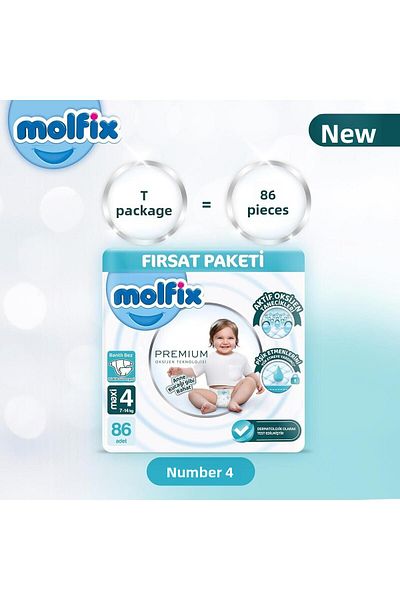 Molfix Maxi Size 4 Baby Diapers - 86 Pieces Premium Ultra Opportunity Package, 7-14 kg