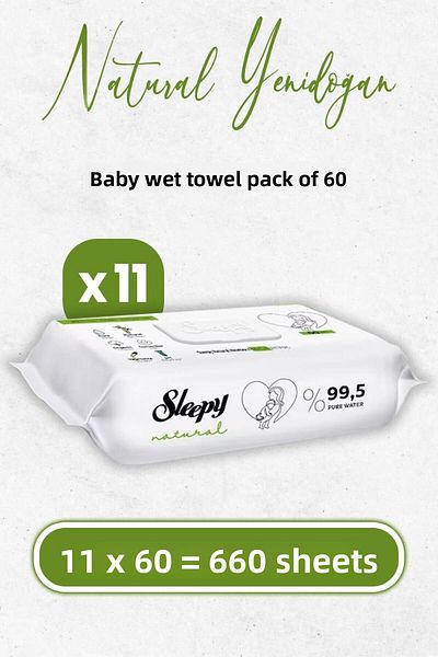 Sleepy Natural Newborn Wet Baby Towel 60 X 11 Pieces (660 SHEETS)