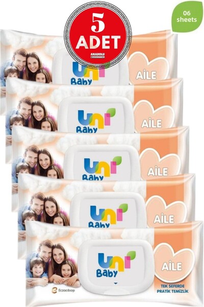 Uni Baby 90 ورقة مناديل مبللة للعائلة - 5 قطع