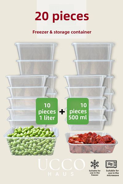 UCCO 20(10 10) Pieces Economical Storage Container Set – 10X500 ml 10X1000 ml Microwave Freezer Freezer Food