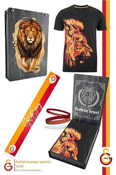 Galatasaray Original Licensed Lion Printed T-Shirt + Bracelet + Scarf Set wit...