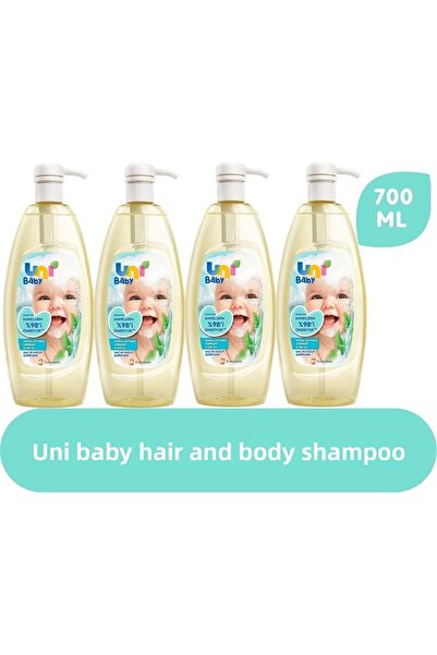 Uni Baby شامبو للشعر والجسم 700 مل، مجموعة من 4 قطع مع مضخة