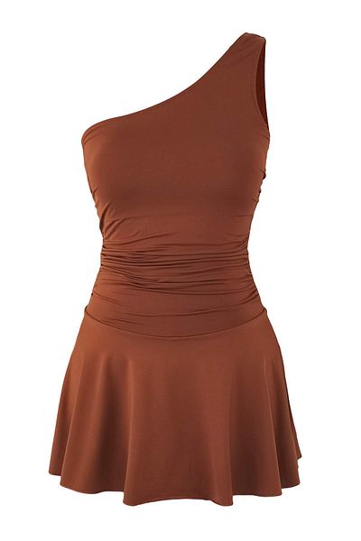 Trendyol Collection Brown One Shoulder Skirt Shorts Swimsuit Tbess25Ma00061