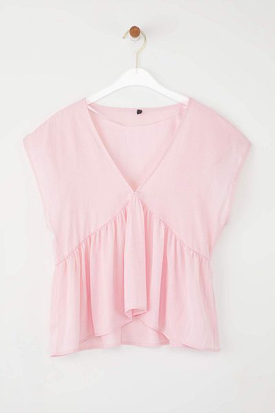 Trendyol Collection Pink V-Neck Flowy Woven Soft Button Blouse Twoss25Bz00582