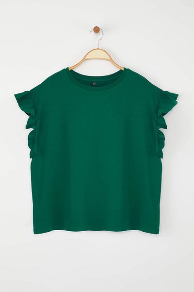 Trendyol Curve Emerald Green Crew Neck Ruffled Sleeves 100% Cotton Knitted T-Shirt Tbbss23Bf00006