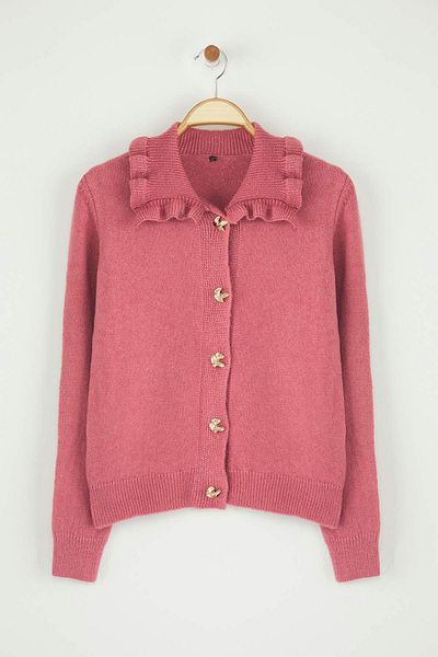 Trendyol Collection Dusty Rose Soft Textured Collar Ruffle Metal Button Detail Knitwear Cardigan Twoaw26Hi00106