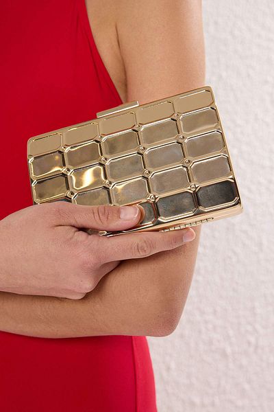 TRENDYOL SHOES Metallic Gold Three-Dimensional Evening Dress Women's Stylish Mini Clutch Hand Bag Takss25Py00004