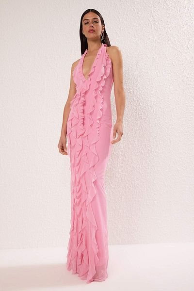 Trendyol Collection Limited Edition Pink Ruffled Lined Tulle Evening Dress Night Graduation Dress Tprss25Ae00063
