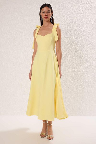 Trendyol Collection Light Yellow A-Line Strap Lacing Detailing Woven Midi Stylish Evening Dress Night Homecoming Dress Tprss24El00251