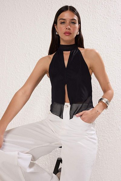 Trendyol Collection Black Halter Neck Knitted Tulle Party Blouse Tprss25Bz00053