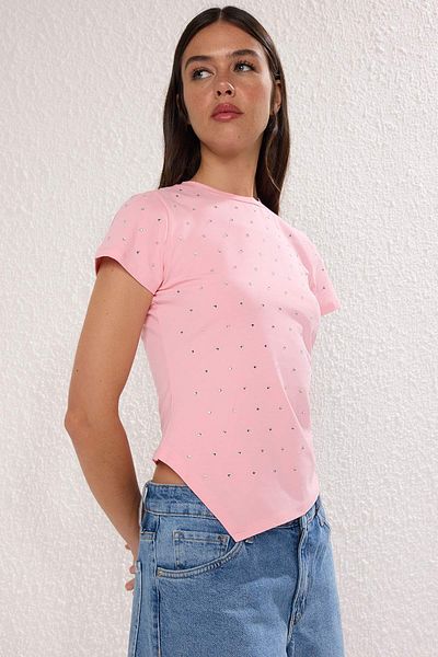 Trendyol Collection Pink Stone Asymmetric Fitted/Skin-Fitting Knitted T-Shirt Twoss25Bz00277