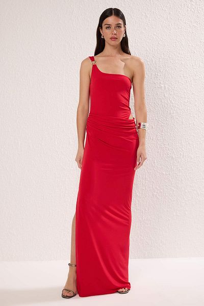 Trendyol Collection Red Body Fitted Accessory Detailed Knitted Long Stylish Evening Dress Night Mezuiyet Elbisesi Tprss25Ae00104