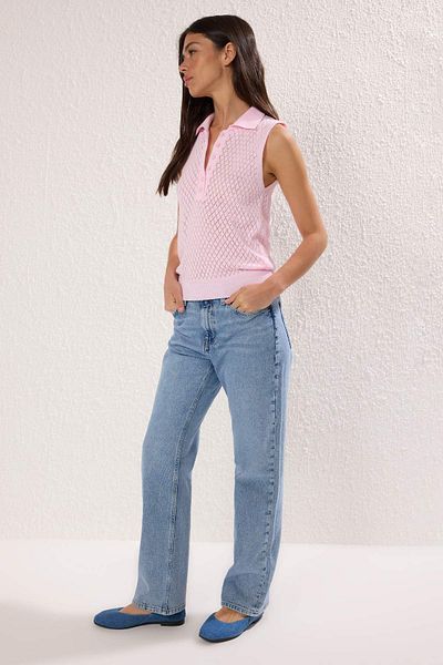 Trendyol Collection Pink Viral Perforated/Embossed Summer Polo Neck Knitwear Blouse Twoss25Bz00576