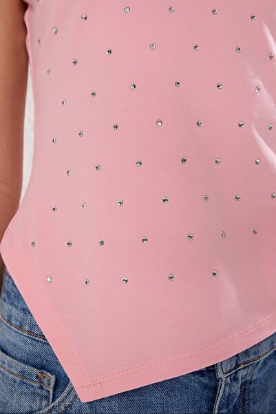 Trendyol Collection Pink Stone Asymmetric Fitted/Skin-Fitting Knitted T-Shirt Twoss25Bz00277