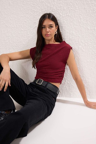 Trendyol Collection Burgundy Textured Boat Neck Gathered Sleeveless Stretchy Knitted Blouse Twoss25Bz00485