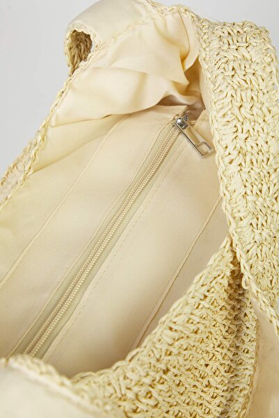 TRENDYOL SHOES Beige Wicker Hand Knitted Women's Medium Shoulder Bag Takss25Oc00082