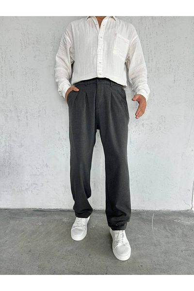 Gambocci Men's Baggy Wide Casual Pleated Elastic Waist Fabric Pants
