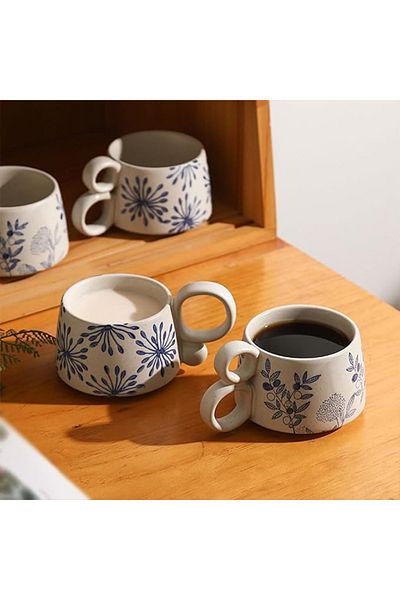 QAHWAH Qahwa White Ceramic Mug with Elegant Blue Print and Double Handle