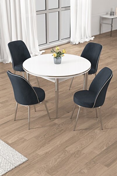 Canisa Osle Serisi 90x90 Yuvarlak Beyaz Mutfak Masa Takımı 4 Sandalye Krom Detay