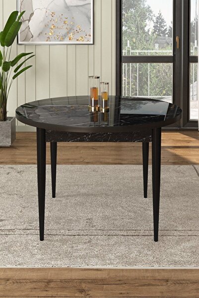 Canisa Rox Serisi Yuvarlak 90x90 Siyah Mermer Desenli Sabit Masa 4 Füme Sandalye Mutfak Masası Takımı