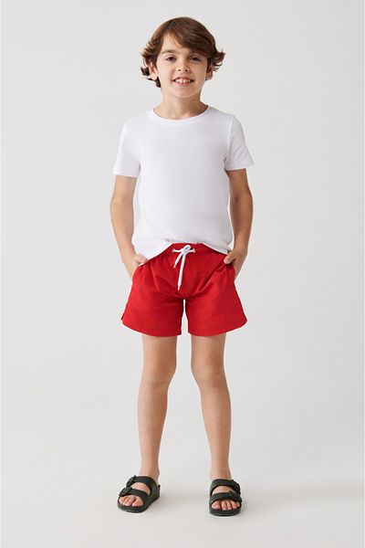 Avva Rote, schnell trocknende, einfarbige Badehose für Herren in Standardgröße mit spezieller Tragetasche für Kinder, Badeshorts A31y3810