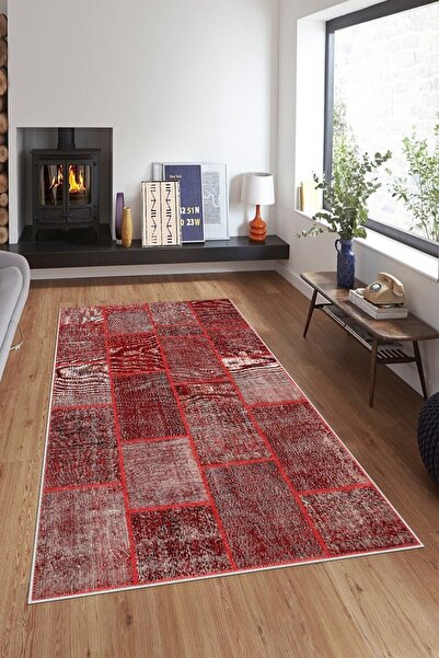 on the clouds Bordo Patchwork Kırkyama Desenli Yıkanabilir Kaymaz Taban Leke ...