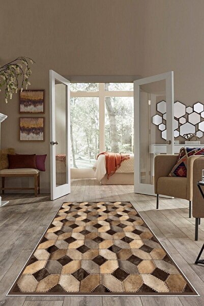 on the clouds Kahverengi Dana Desenli Patchwork Yıkanabilir Kaymaz Taban Leke...