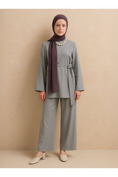 Refka Tunic Trousers Double Set with Tie Detail - Gray - Refka