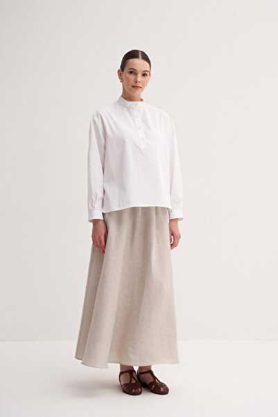 Beyaz %100 Pamuk Hakim Yaka Oversize Bluz