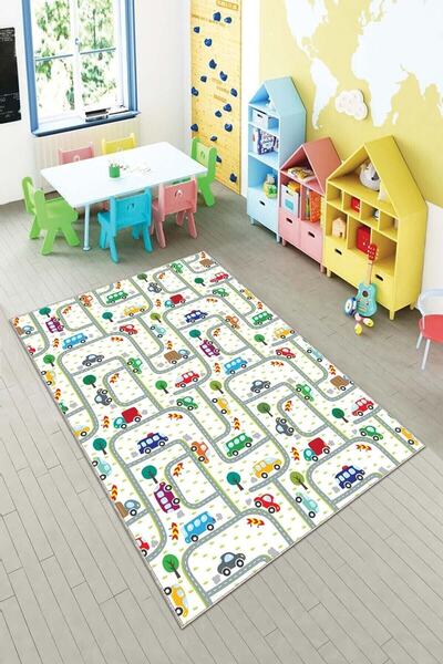 farbala Beyaz Araba Yollu Kaymaz Taban Leke Tutmaz Yıkanabilir İnce Yazlık Ek...