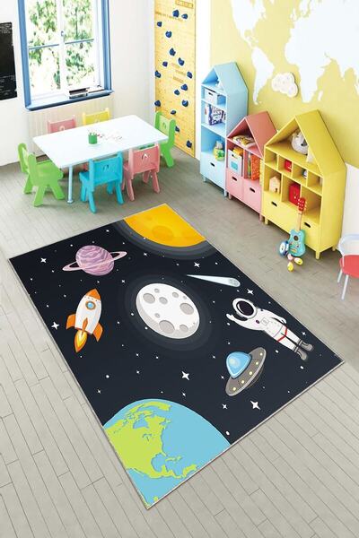 farbala Astronot Uzay Desenli lı Kaymaz Taban Leke Tutmaz Yıkanabilir İnce Ya...