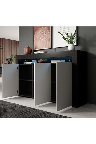 ECM Konsol Led Aydınlatmalı Şık Büfe Modern Ve Zarif Konsol Siyah Beyaz Mat Büfe