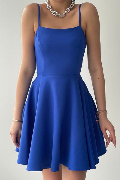 bayansepeti Rochie mini albastră Saks evazată pentru femei, cu bretele reglabile, design cu legare la spate 362