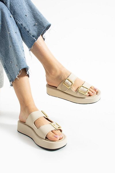 Polomia Comfort Calie Γυναικεία Ανατομικά Comfort Δύο Ζώνες Χρυσή Λεπτομέρεια Πόρπη Ευέλικτα Καλοκαιρινά Καθημερινά Επίπεδα Σανδάλια Παντόφλες